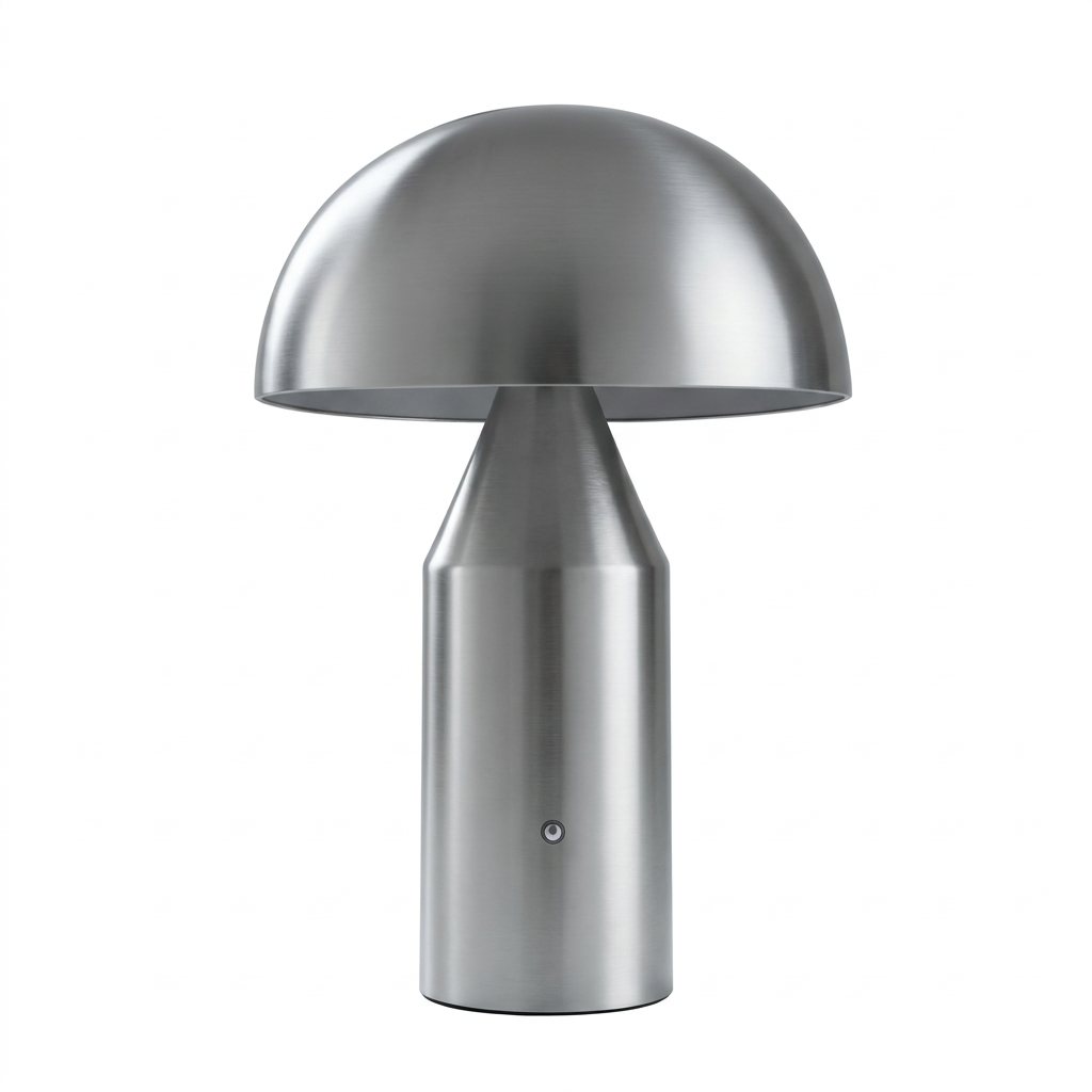 Lampe champignon argentée sans fil en métal, dôme et pied cylindrique, sur fond blanc