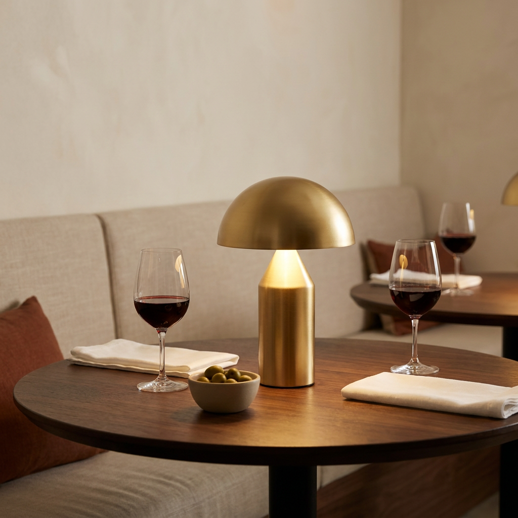 Lampe champignon dorée sans fil allumée sur une table de restaurant en noyer, avec deux verres de vin rouge