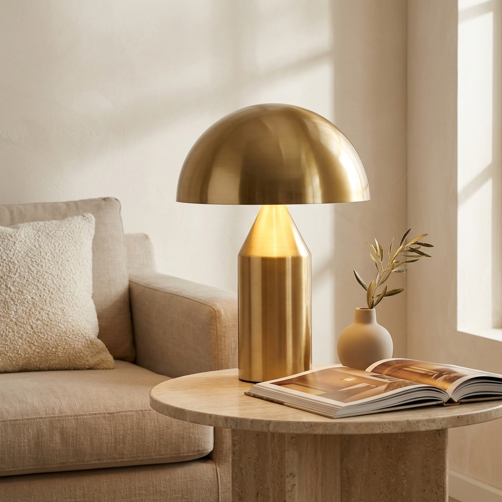 Lampe champignon dorée allumée sur une table d'appoint en travertin, à côté d'un canapé en lin beige