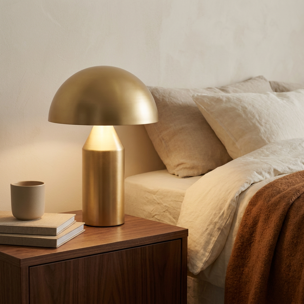 Lampe champignon dorée allumée sur une table de nuit en noyer, à côté d'un lit en lin beige et plaid rouille