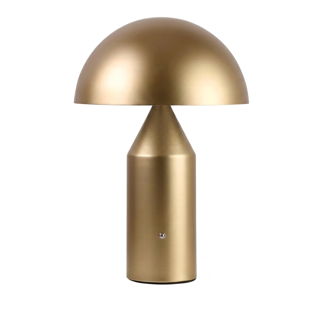 Lampe champignon dorée sans fil en métal, dôme et pied cylindrique, sur fond blanc