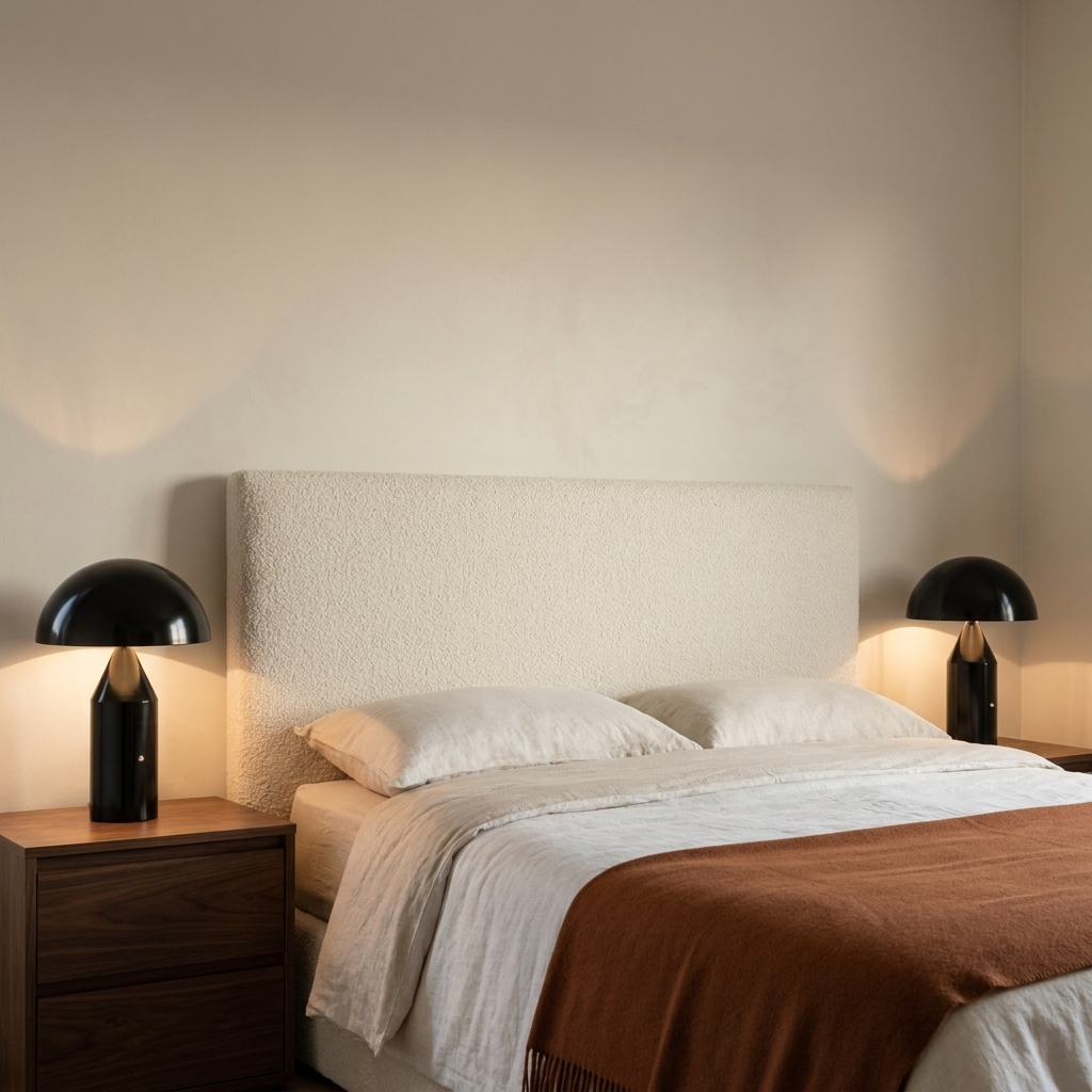 Deux lampes champignon noires allumées de chaque côté d'un lit à tête de lit ivoire