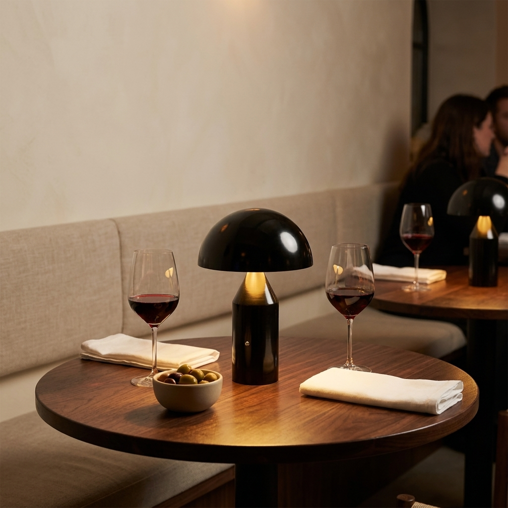 Lampe champignon noire sans fil allumée sur une table de restaurant en noyer, avec deux verres de vin rouge