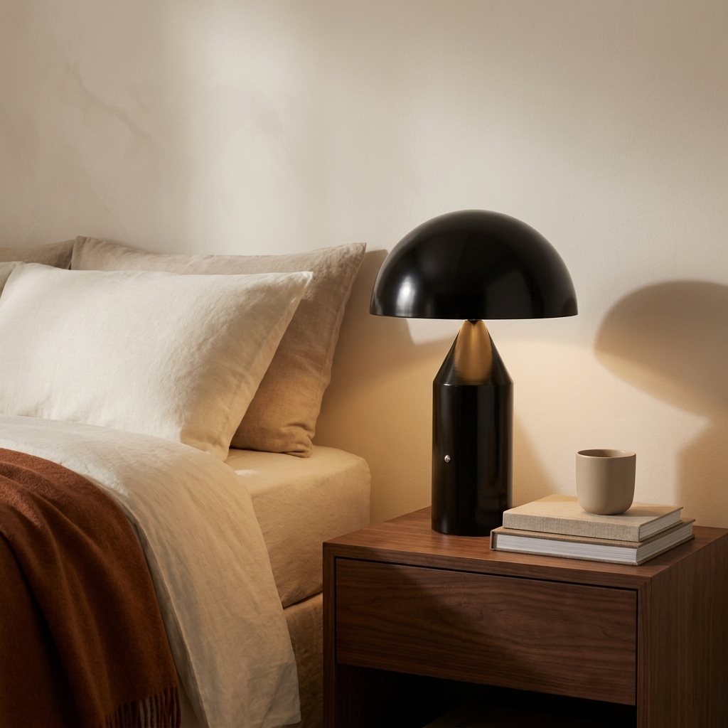 Lampe champignon noire allumée sur une table de nuit en noyer, à côté d'un lit en lin beige et plaid rouille