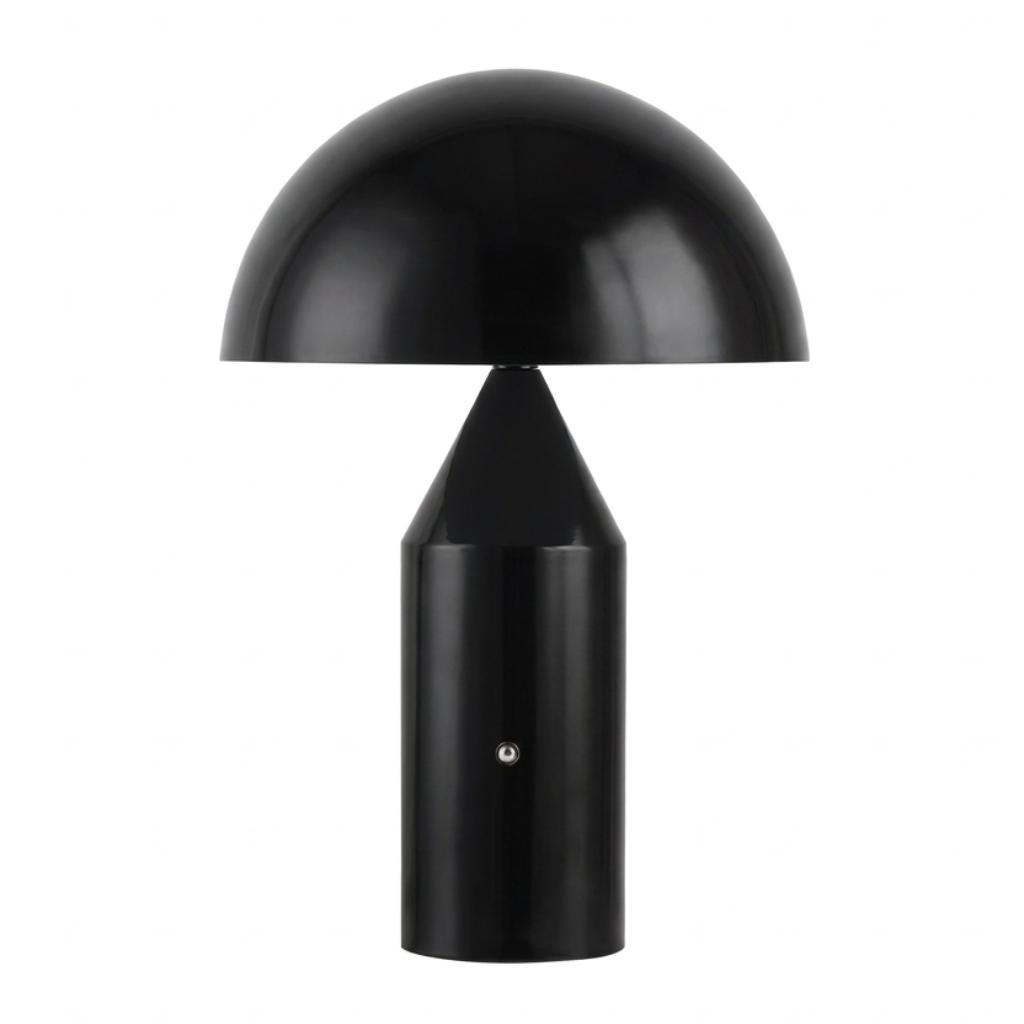 Lampe champignon noire sans fil en métal, dôme et pied cylindrique, sur fond blanc