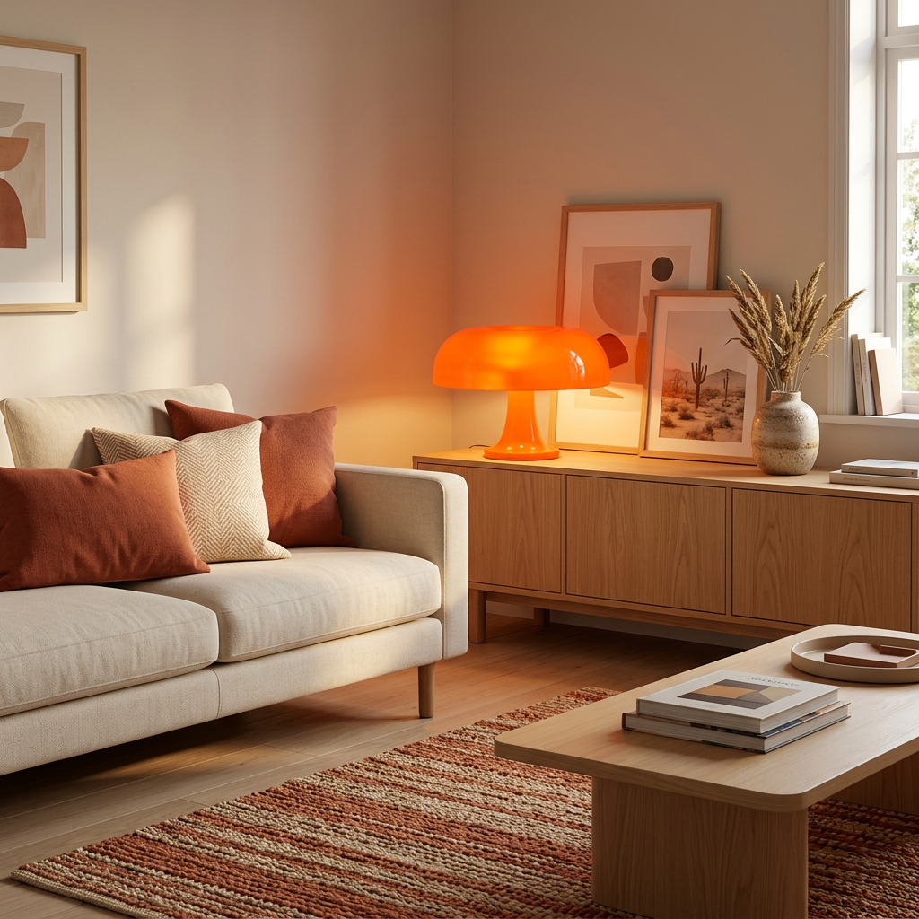 Lampe champignon orange sur un bureau moderne