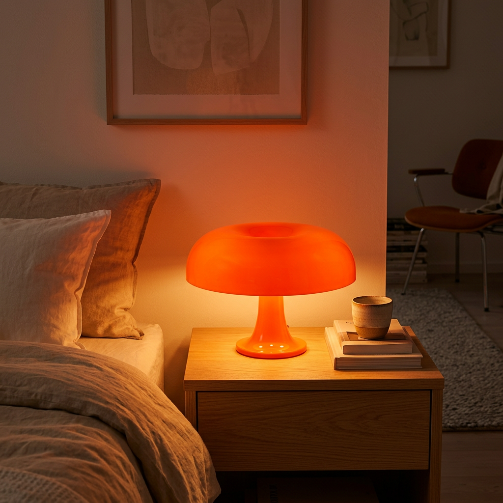 Lampe champignon orange allumée sur une table de chevet