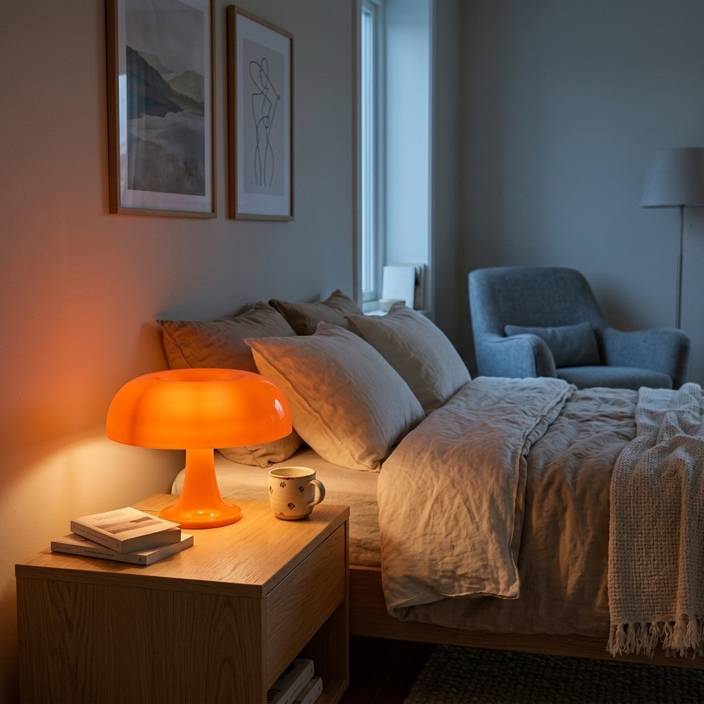 lampe champignon orange allumée sur un buffet de salon