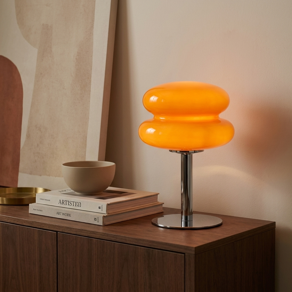 Lampe champignon orange allumée sur un buffet en noyer avec des livres d'art, contre un mur ivoire