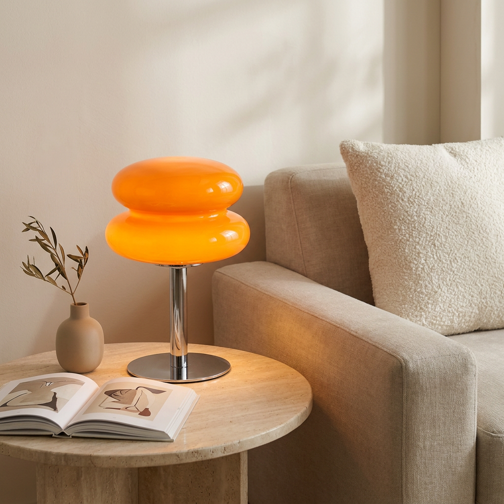 Lampe champignon orange allumée sur une table d'appoint en travertin, à côté d'un canapé en lin beige