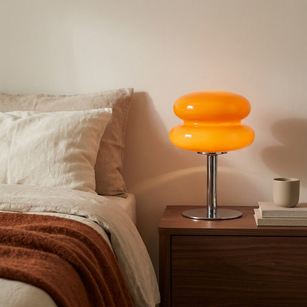 Lampe champignon orange allumée sur une table de nuit en noyer, à côté d'un lit en lin beige et plaid rouille