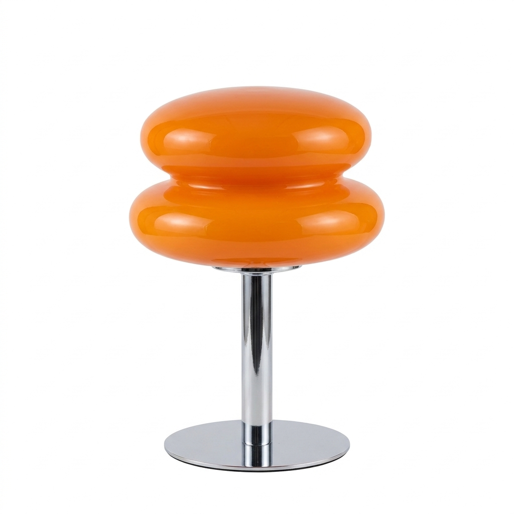 Lampe champignon sans fil avec abat-jour orange brillant et pied chromé, sur fond blanc