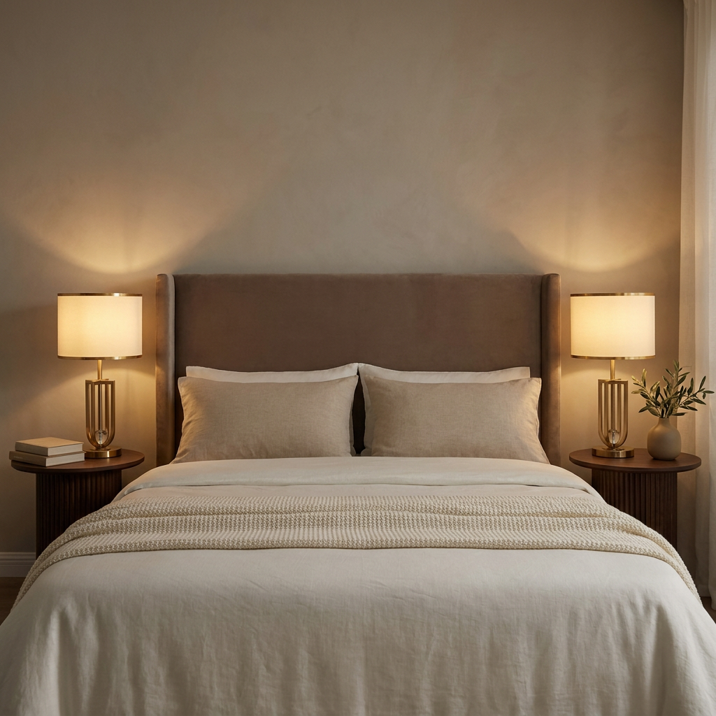 Deux lampes de chevet dorées avec abat-jour en tissu blanc allumées de chaque côté d'un lit à tête de lit taupe