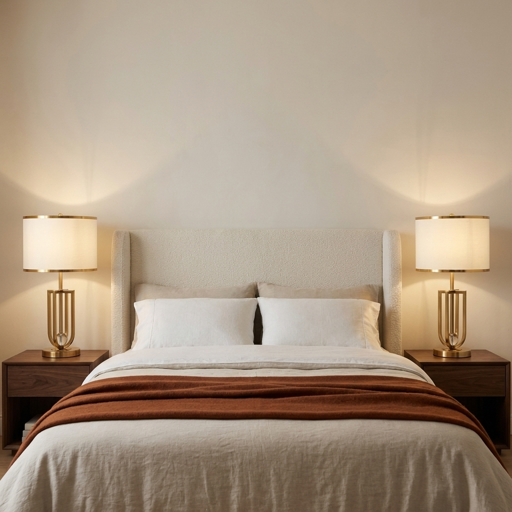 Deux lampes de chevet dorées avec abat-jour en tissu blanc allumées de chaque côté d'un lit à tête de lit ivoire et plaid rouille