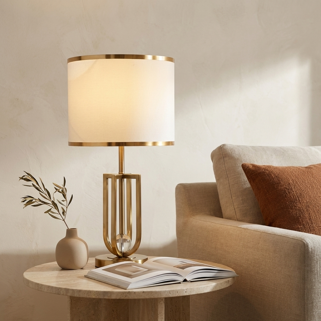 Lampe dorée avec abat-jour en tissu blanc allumée sur une table d'appoint ronde, à côté d'un canapé en lin beige