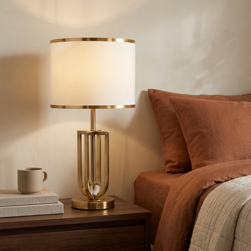 Lampe de chevet dorée avec abat-jour en tissu blanc allumée sur une table de nuit en noyer, à côté d'un lit en lin rouille