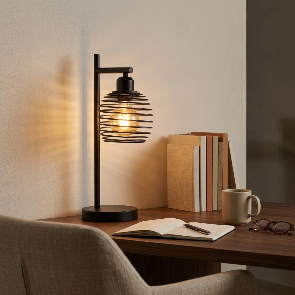 Lampe industrielle noire à abat-jour spirale allumée sur un bureau en noyer avec un carnet ouvert et une tasse