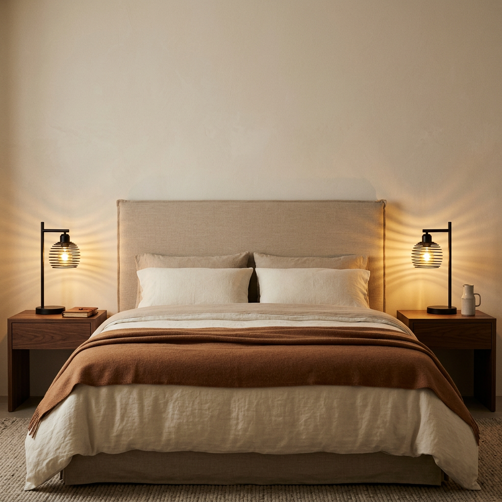 Deux lampes de chevet industrielles noires allumées de chaque côté d'un lit à tête de lit en lin beige