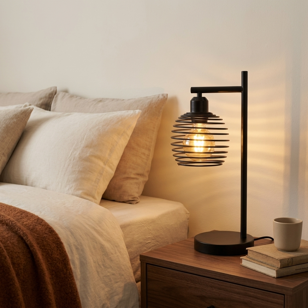 Lampe de chevet industrielle noire allumée sur une table de nuit en noyer, à côté d'un lit en lin beige et plaid rouille