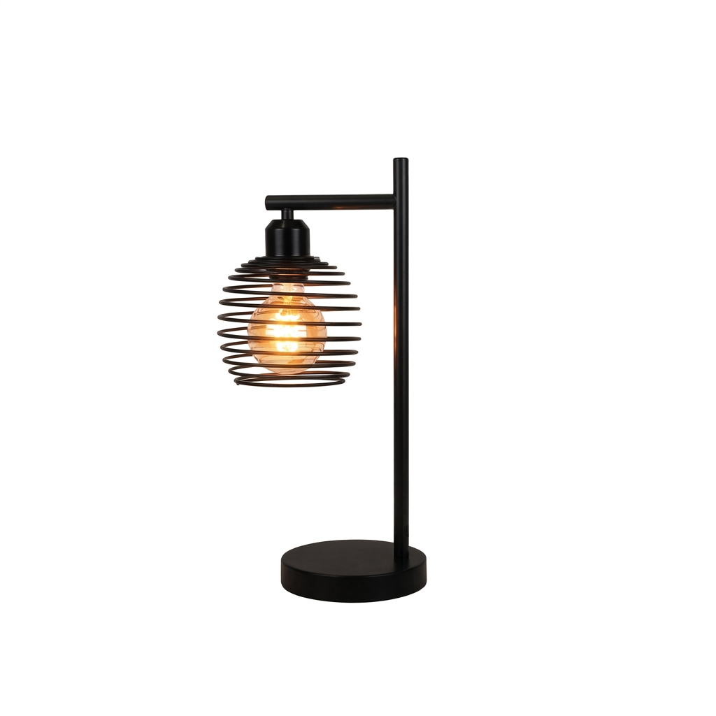 Lampe de chevet industrielle en métal noir avec abat-jour spirale et ampoule à filament, sur fond blanc