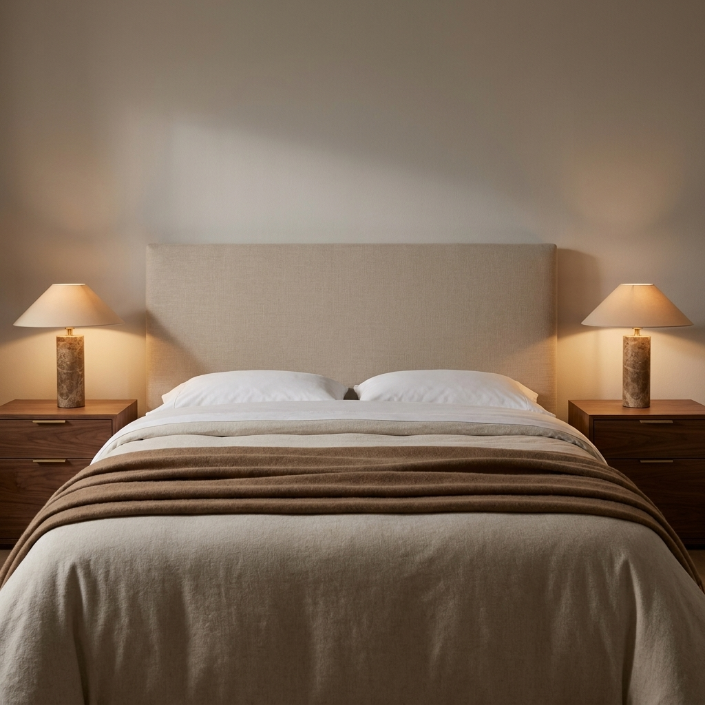 Deux lampes de chevet en marbre brun à abat-jour tissu allumées de chaque côté d'un lit