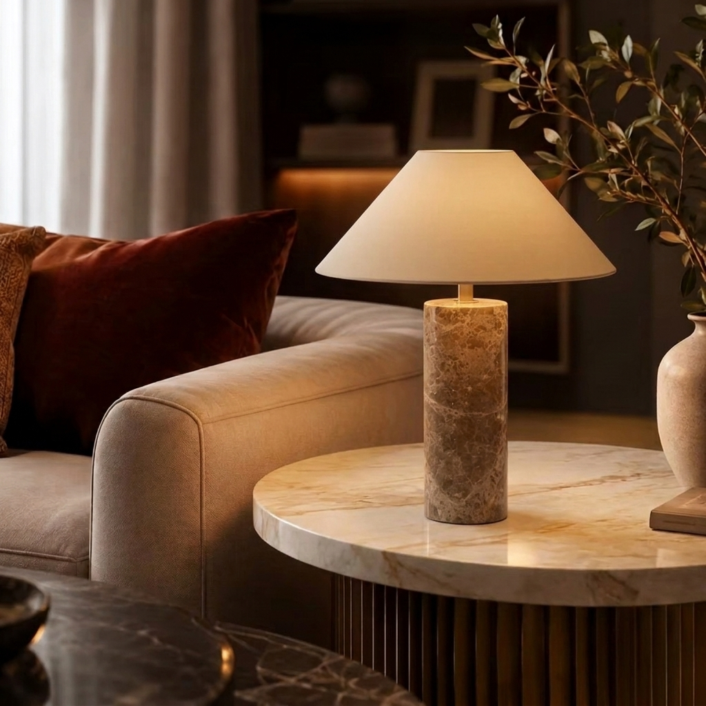 Lampe en marbre brun à abat-jour tissu allumée sur une console de salon