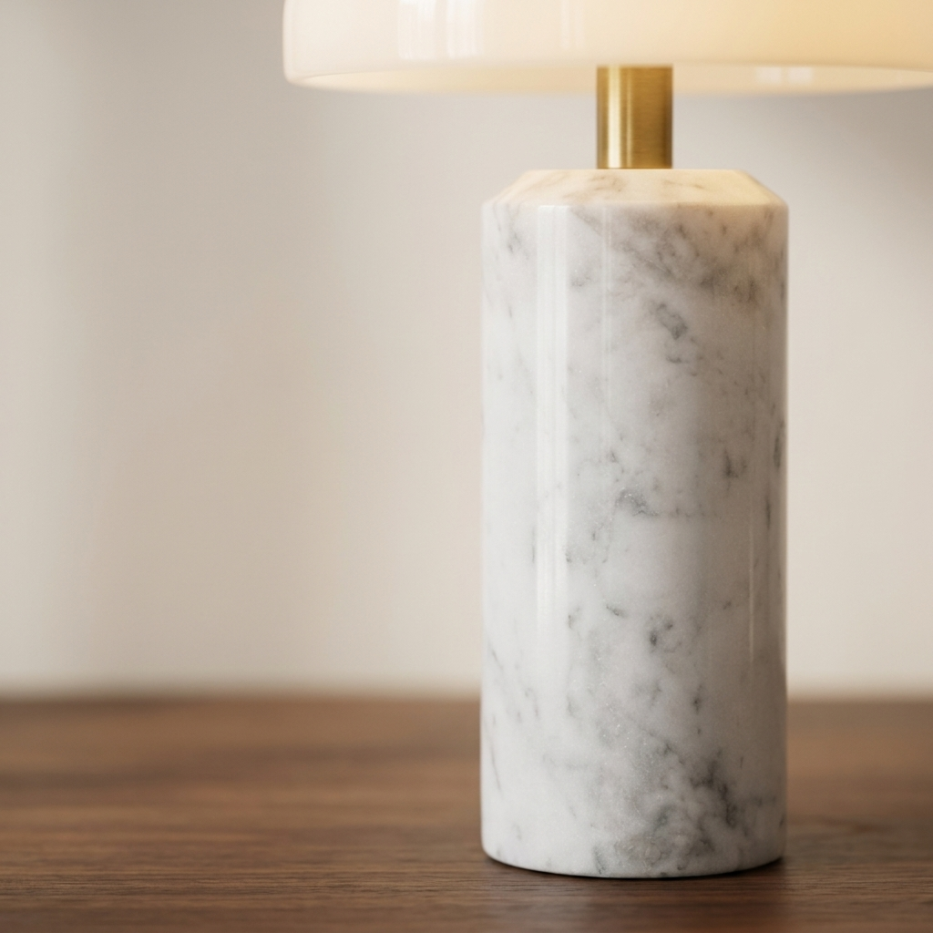 Gros plan sur les veines grises de la base en marbre blanc d'une lampe de chevet