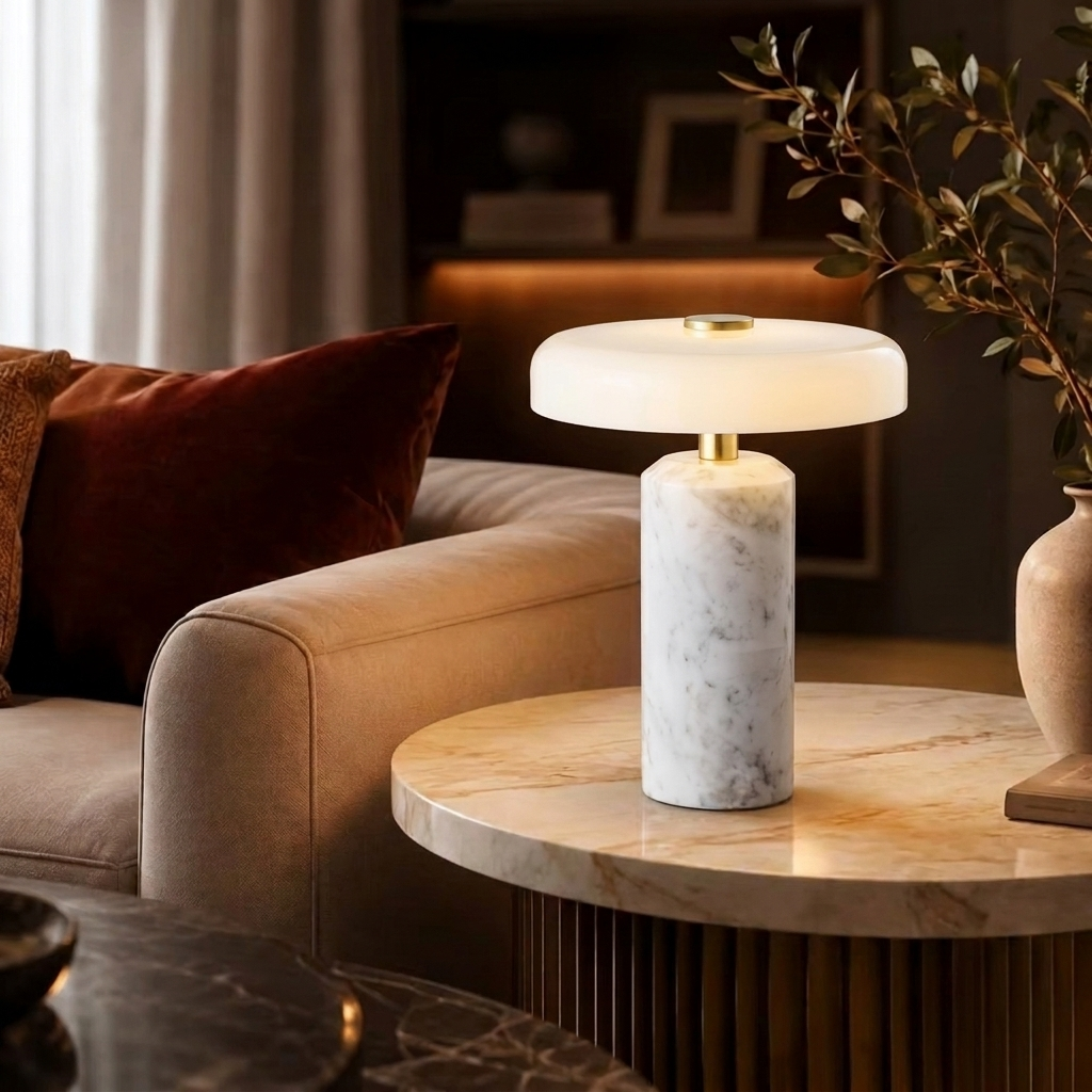 Lampe sans fil en marbre blanc allumée sur une table d'appoint ronde, près d'un canapé avec coussin bordeaux