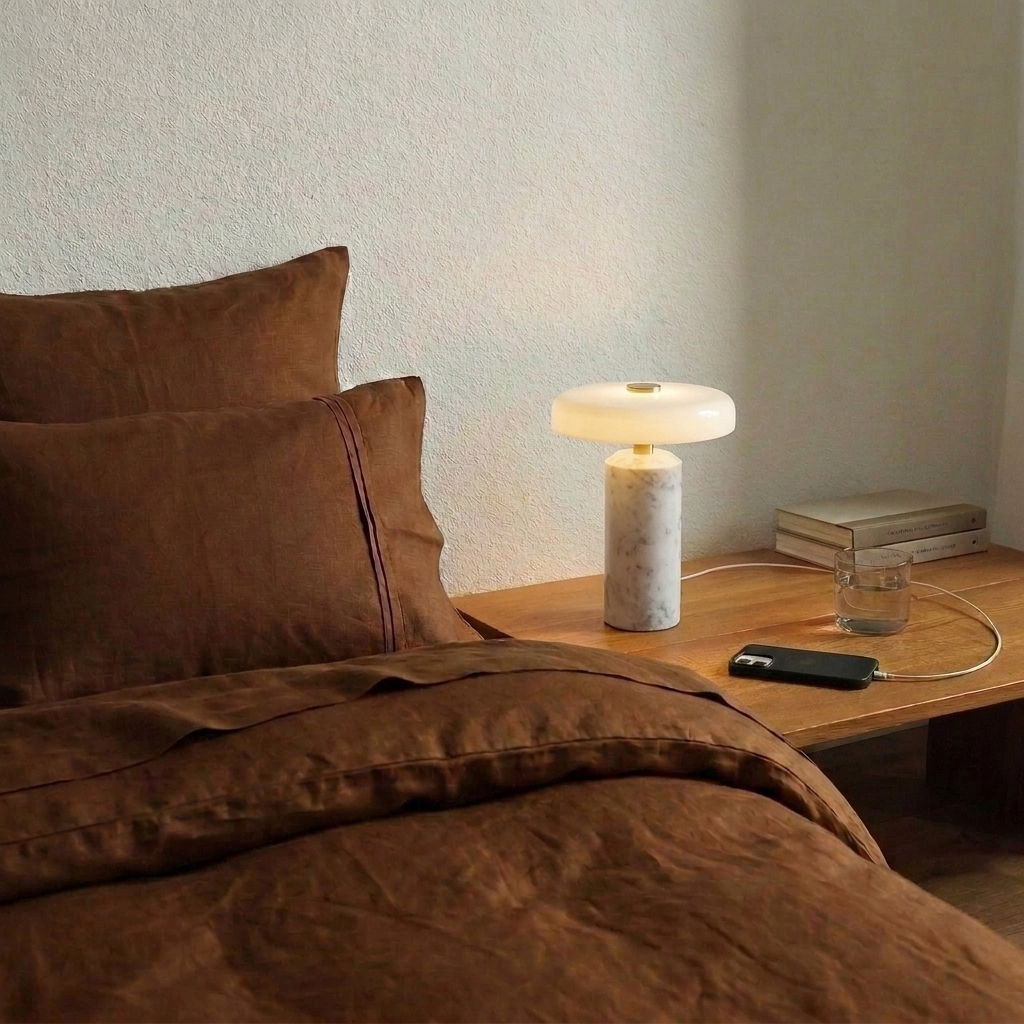 Lampe de chevet en marbre blanc allumée sur une table de nuit en bois, à côté d'un lit en lin brun