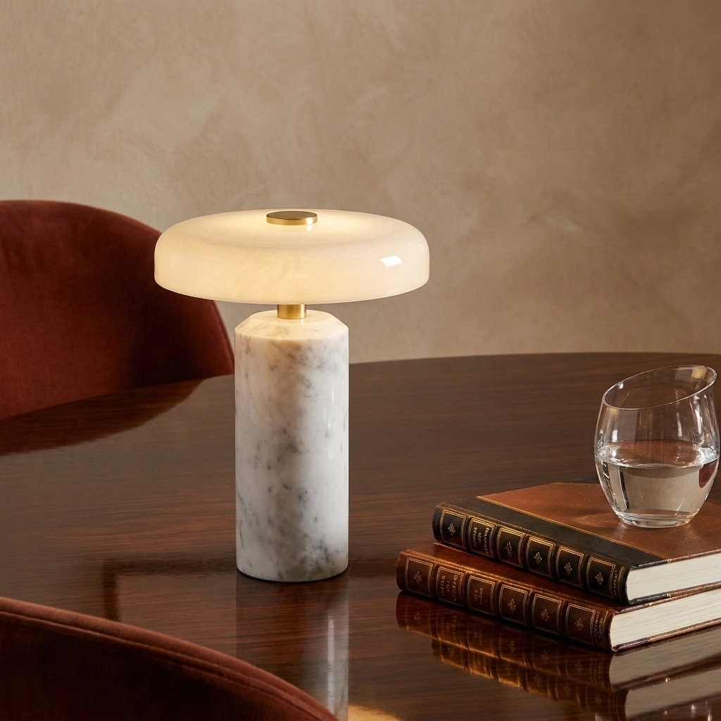 Lampe sans fil en marbre blanc allumée sur une table en bois foncé, à côté de livres et d'un verre d'eau