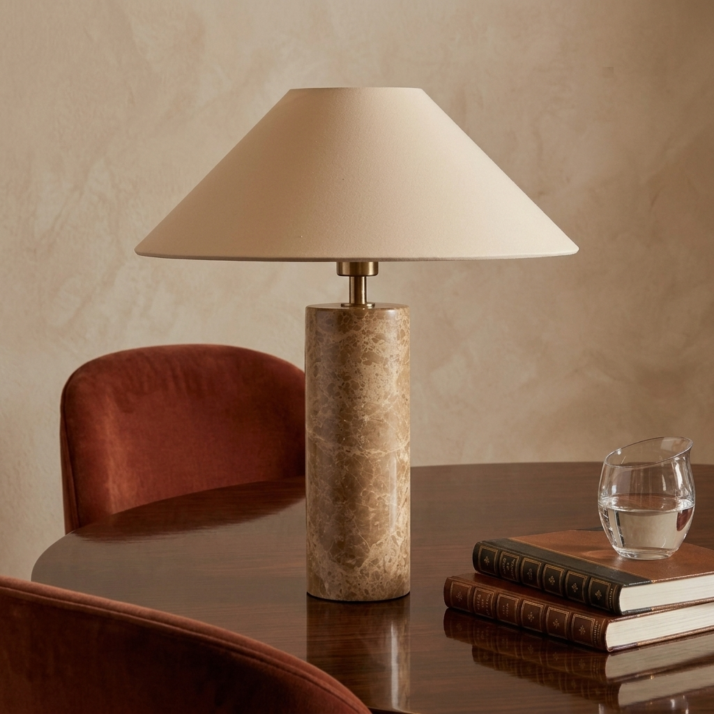 Lampe en marbre brun à abat-jour conique en tissu, sur une table en bois foncé près d'une chaise en velours rouille et d'un verre d'eau