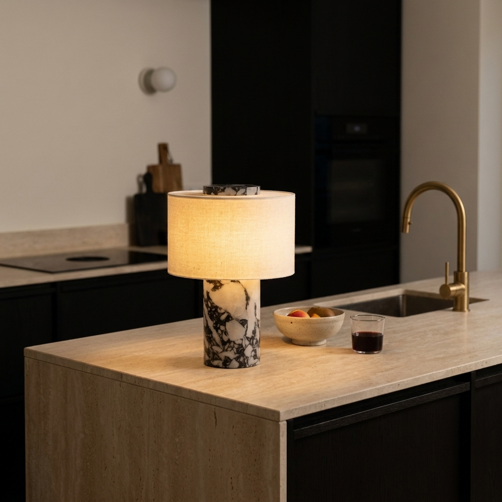 Lampe sans fil en marbre posée sur un îlot de cuisine, près d'un robinet en laiton
