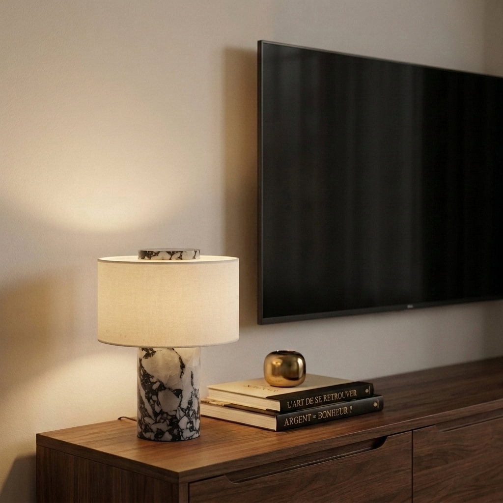 Lampe en marbre allumée sur un meuble TV en noyer, à côté d'un téléviseur mural