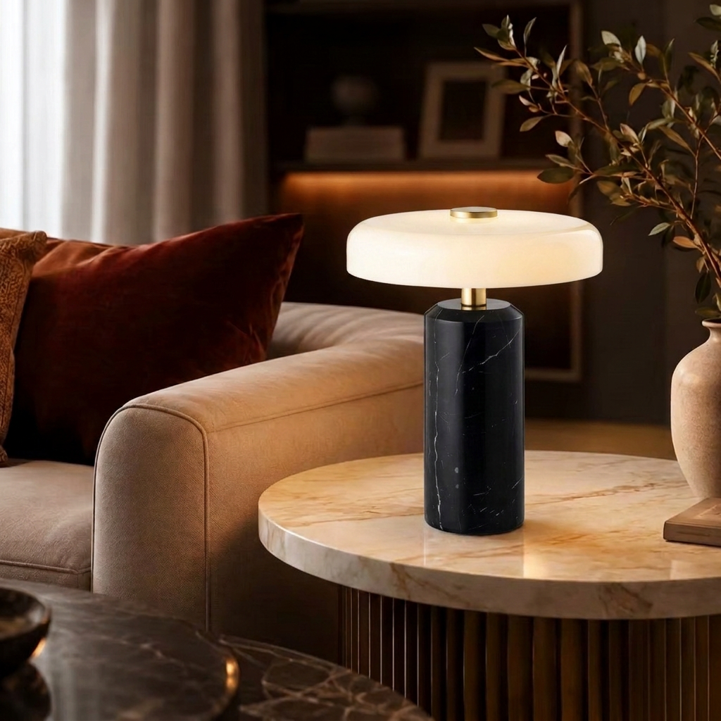 Lampe sans fil en marbre noir allumée sur une table d'appoint ronde, près d'un canapé avec coussin bordeaux
