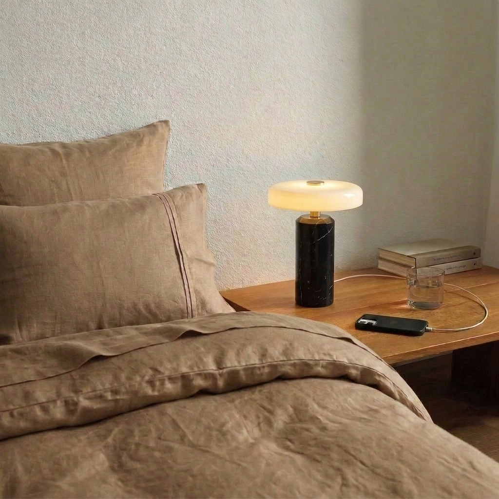 Lampe de chevet en marbre noir allumée sur une table de nuit en bois, à côté d'un lit en lin beige