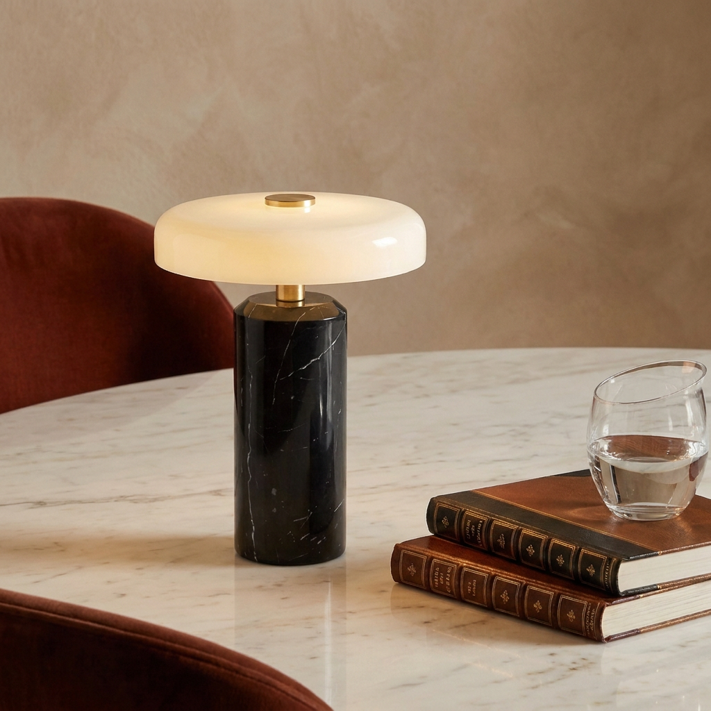 Lampe sans fil en marbre noir allumée sur une table en marbre, à côté de livres et d'un verre d'eau
