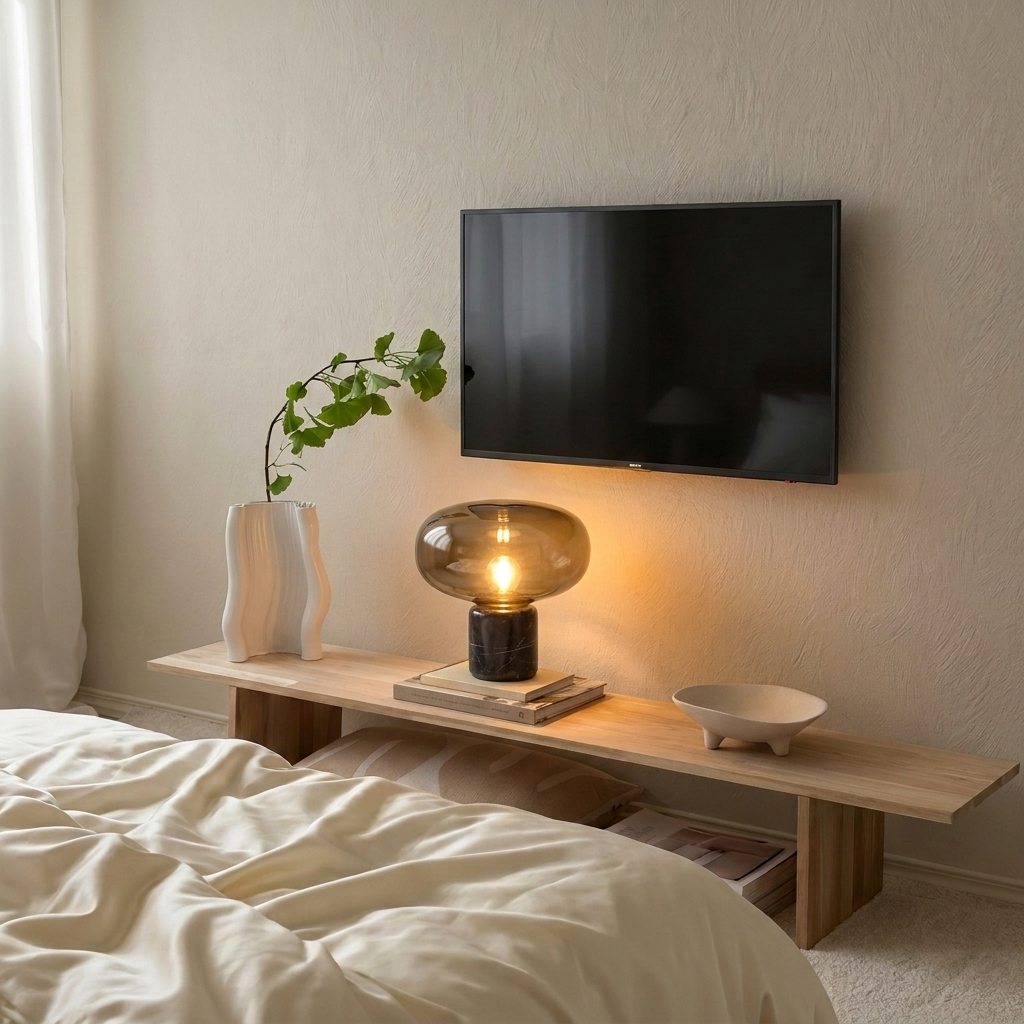 Lampe en marbre noir et verre cognac allumée sur une console basse en bois clair, dans une chambre aux draps blancs