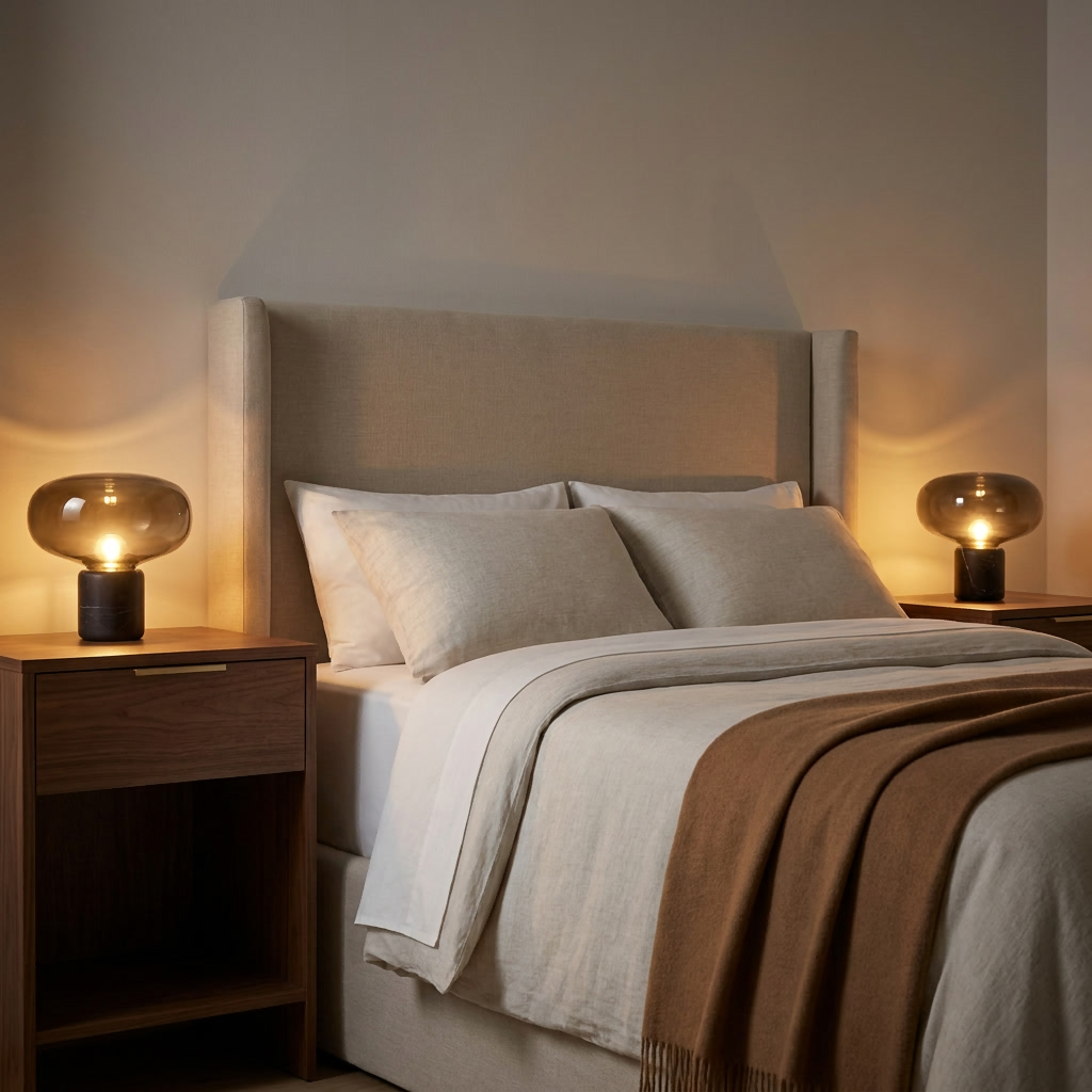 Deux lampes de chevet en marbre noir et verre cognac allumées sur des tables de nuit en bois foncé, de chaque côté d'un lit beige