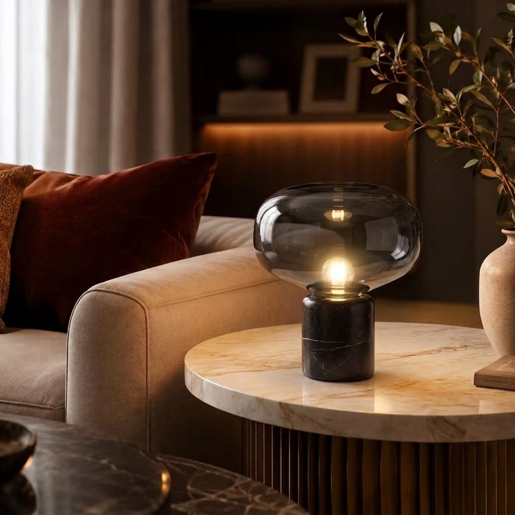 Lampe en marbre noir et verre fumé allumée sur une table d'appoint en pierre claire, à côté d'un canapé beige