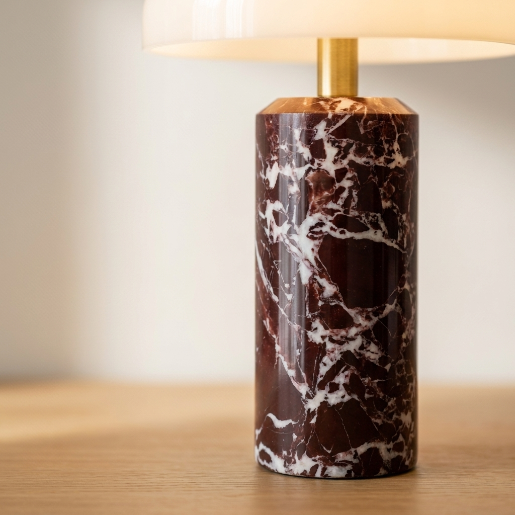Gros plan sur les veines blanches de la base en marbre rouge d'une lampe de chevet