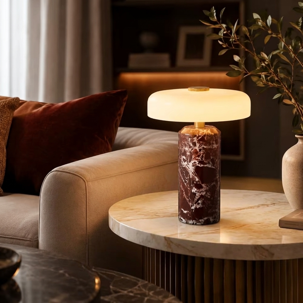 Lampe sans fil en marbre rouge allumée sur une table d'appoint ronde, près d'un canapé avec coussin bordeaux