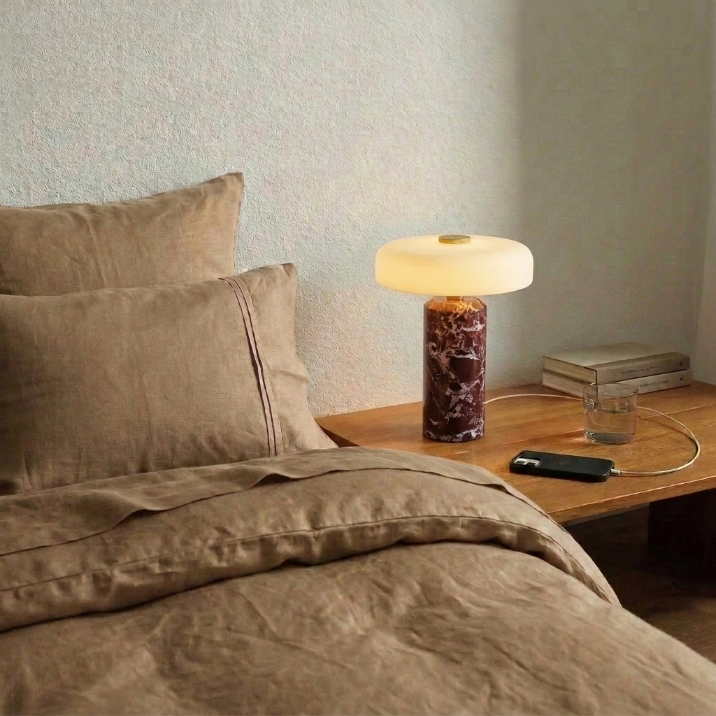 Lampe de chevet en marbre rouge sur une table de nuit en bois, à côté d'un lit en lin