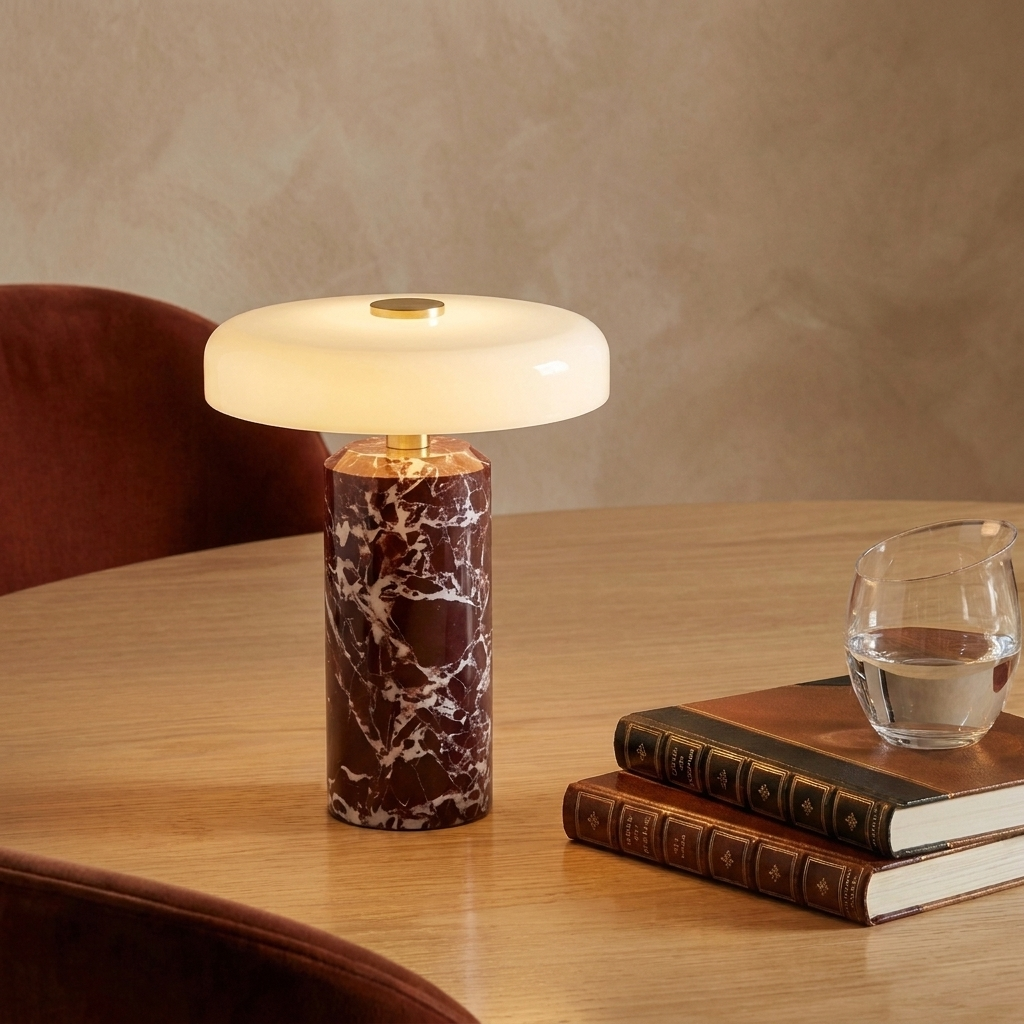 Lampe sans fil en marbre rouge allumée sur une table en bois, à côté de livres et d'un verre d'eau