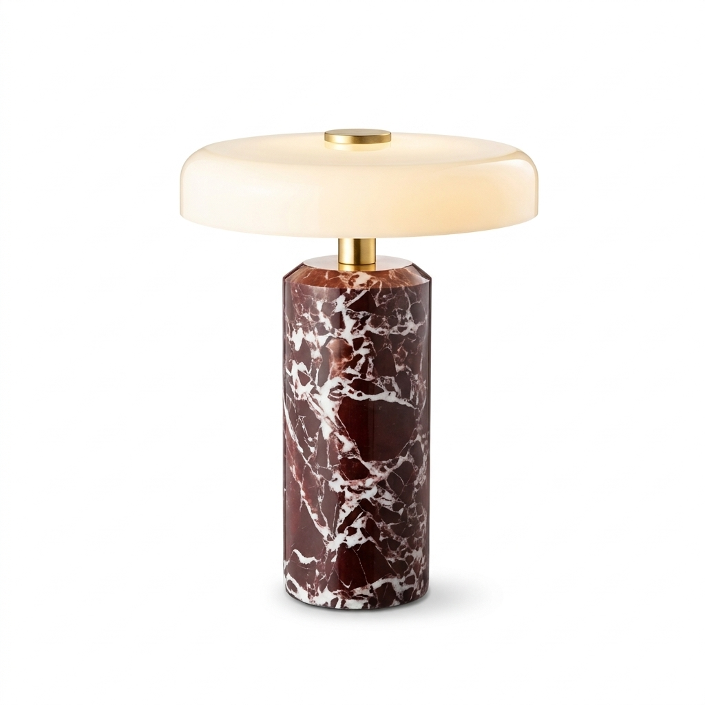 Lampe de chevet en marbre rouge allumée, abat-jour dôme en verre blanc, sur fond blanc