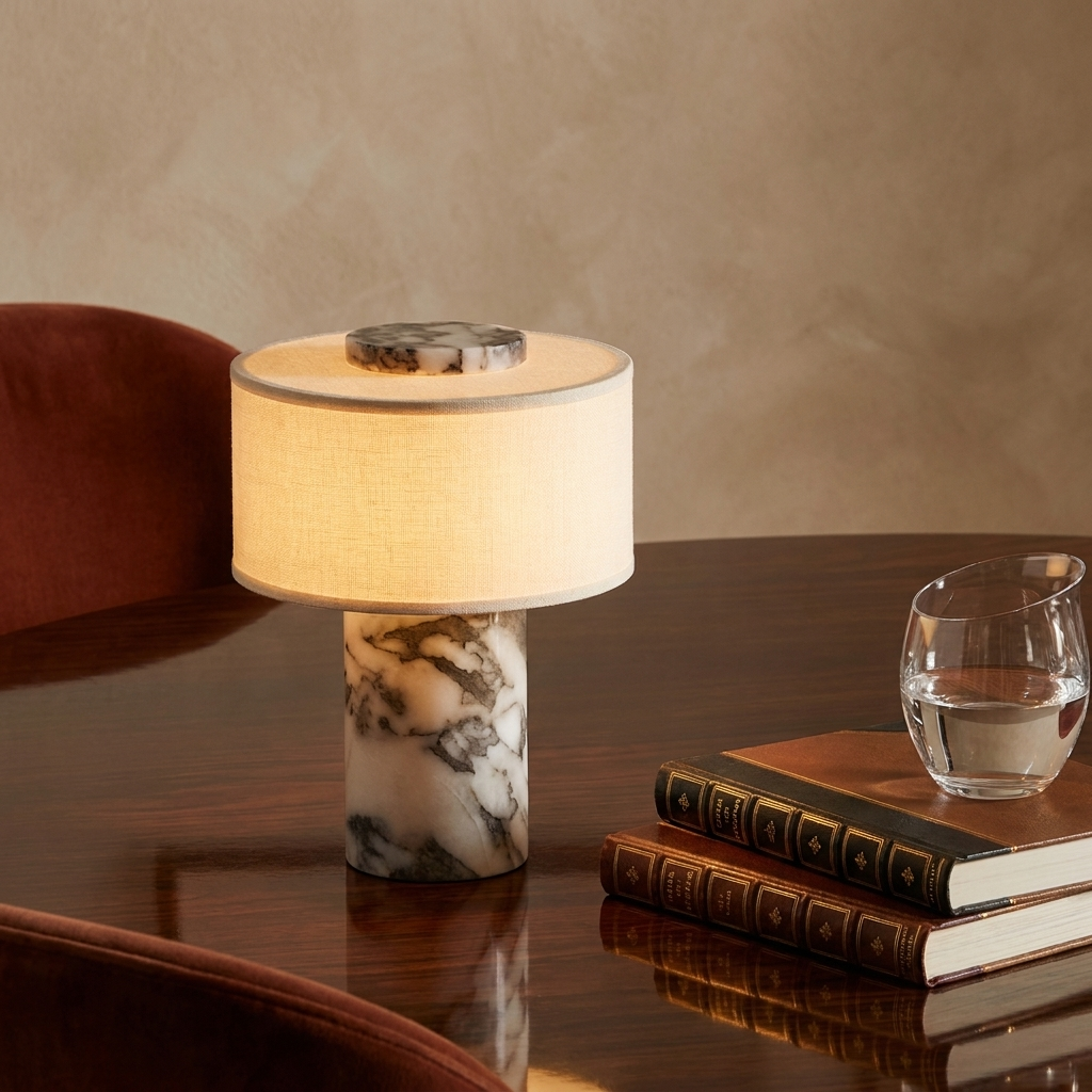 Lampe en marbre allumée sur une table en bois, posée sur une pile de livres, dans un salon