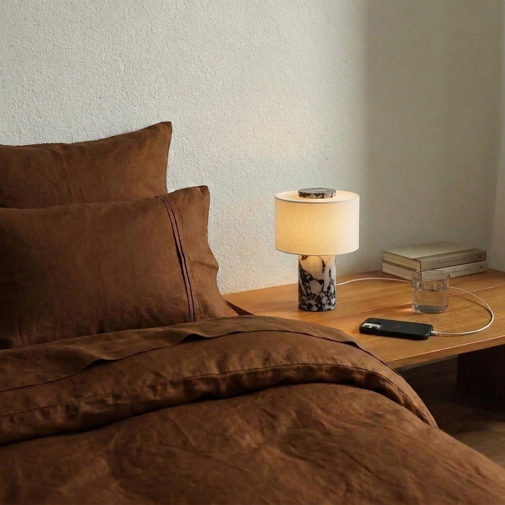 Lampe de chevet en marbre allumée sur une table de nuit en bois, à côté d'un lit en lin brun
