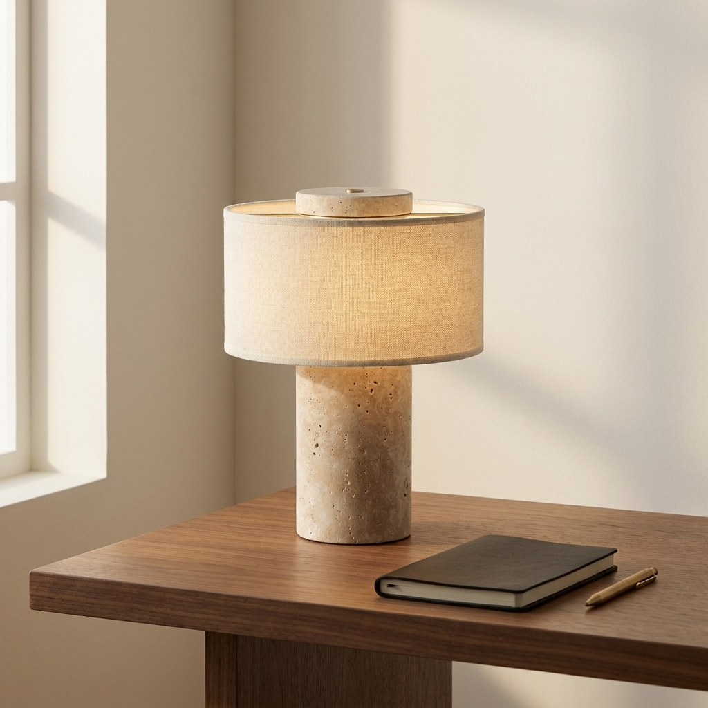 Lampe de chevet en travertin posée sur un bureau en noyer, avec un carnet noir et un stylo en laiton