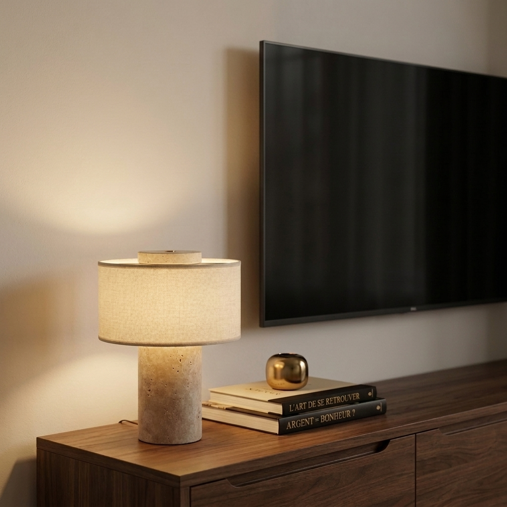 Lampe sans fil en travertin allumée sur un meuble TV en noyer