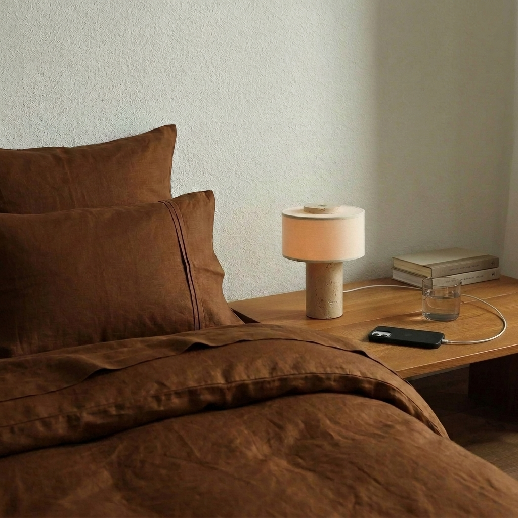 Lampe de chevet en travertin sur une table de nuit en bois, à côté d'un lit en lin brun