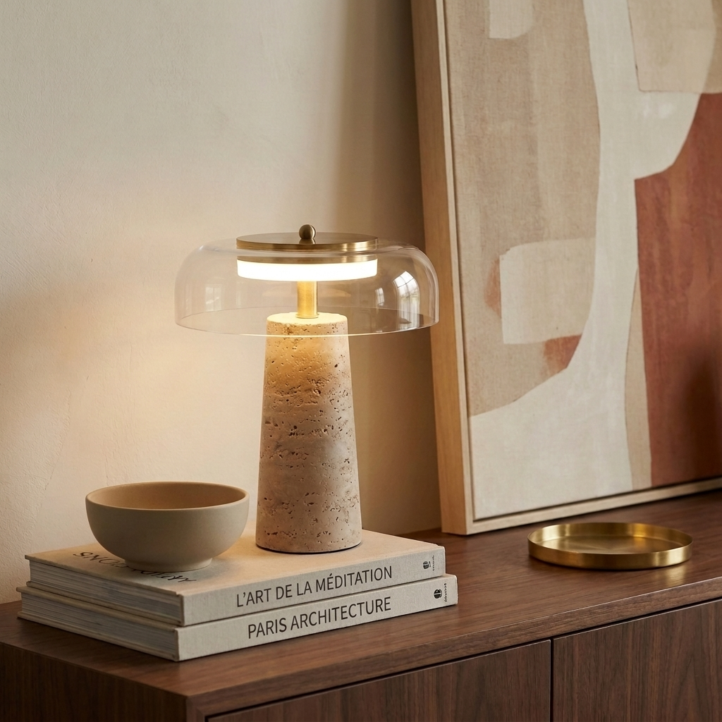 Lampe en travertin et verre clair allumée sur un buffet en noyer, à côté d'un bol en céramique et de livres
